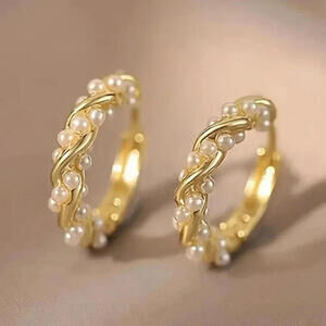 Gold Tone Twisted Hoop Earrings with Faux Pearl Beads Elegant Classic
